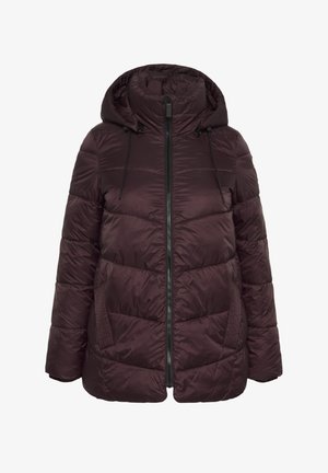 Dark purple padded winter jacket with front zipper, hood with drawstrings, and side pockets.