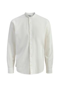 Chemise blanche à manches longues avec col mandarin, boutons devant, coupe slim, présentée sur un fond blanc uni.