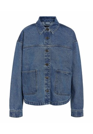 Mėlyna džinsinė striukė su apykakle, priekyje užsegama mygtukais, turi dvi dideles kišenes ir kontrastingas siūles.