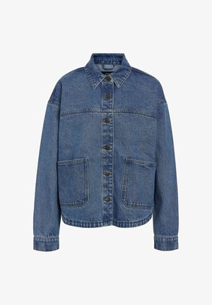 Denim jacket in medium blue with a collared neck, front button closure, two large pockets, and contrast stitching on the seams.