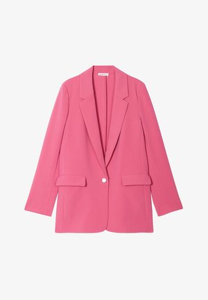 Rosa maßgeschneiderte Blazerjacke mit langen Ärmeln, Reverskragen und zwei Vordertaschen. Einzelne Knopfverschluss in der Mitte. Glatter, strukturierter Stoff.