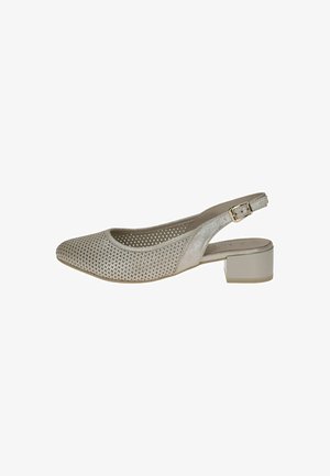 Pantofi slingback de culoare gri metalic deschis, cu un design perforat, vârful rotund și un toc mic de tip block. Curea ajustabilă pentru glezna cu cataramă.