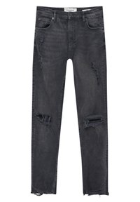 Černé slim-fit džíny s distressed otvory na stehnech a kolenou, pět kapsový design a třepené lemování.