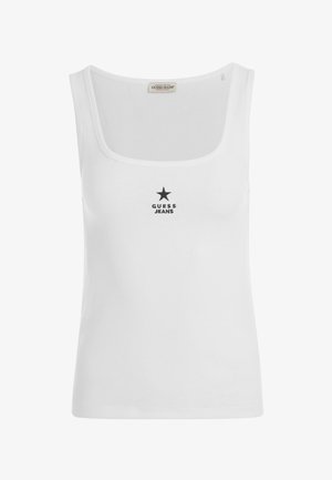 Top de tirantes blanco con textura acanalada, escote cuadrado, logo "GUESS JEANS" en negro y un gráfico de estrella centrado debajo del texto. Material de algodón suave.