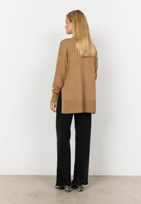 Bruin gebreid sweater met lange mouwen, zijsplitsingen, gecombineerd met zwarte wijde broek en patroon-schoenen. Effen achtergrond.