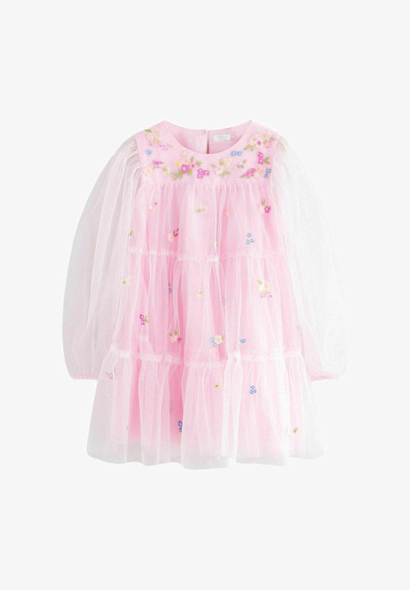 Pink tiered dress with long sheer sleeves, decorated with multicolored embroidered flowers on the bodice and scattered on the skirt.