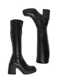 Bocanci negri din piele, până la genunchi, cu toc platform, textură netedă, detaliu cu fermoar pe lateral și design cu vârf rotund.