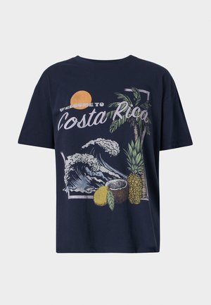 Temno modra bombažna majica z grafiko "Dobrodošli v Kostariki", združena z ilustracijami valov, palme, ananasa in kokosa.