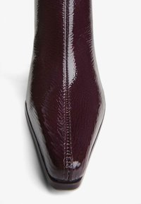 Burgundy patent leather ankle boots with a pointed toe, showcasing a sleek surface and visible stitching along the seam.