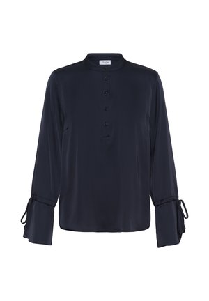 Tumesinine pikavarrukaline pluus mandariinkaelusega, viie eesnupu ja lipsudetailidega võlvitud varrukate ääres.