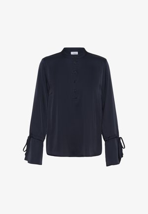 Tumesinine pikavarrukaline pluus mandariinkaelusega, viie eesnupu ja lipsudetailidega võlvitud varrukate ääres.