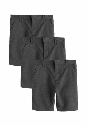 Three pairs of dark gray formal shorts with belt loops and side pockets, arranged overlapping on a white background.
