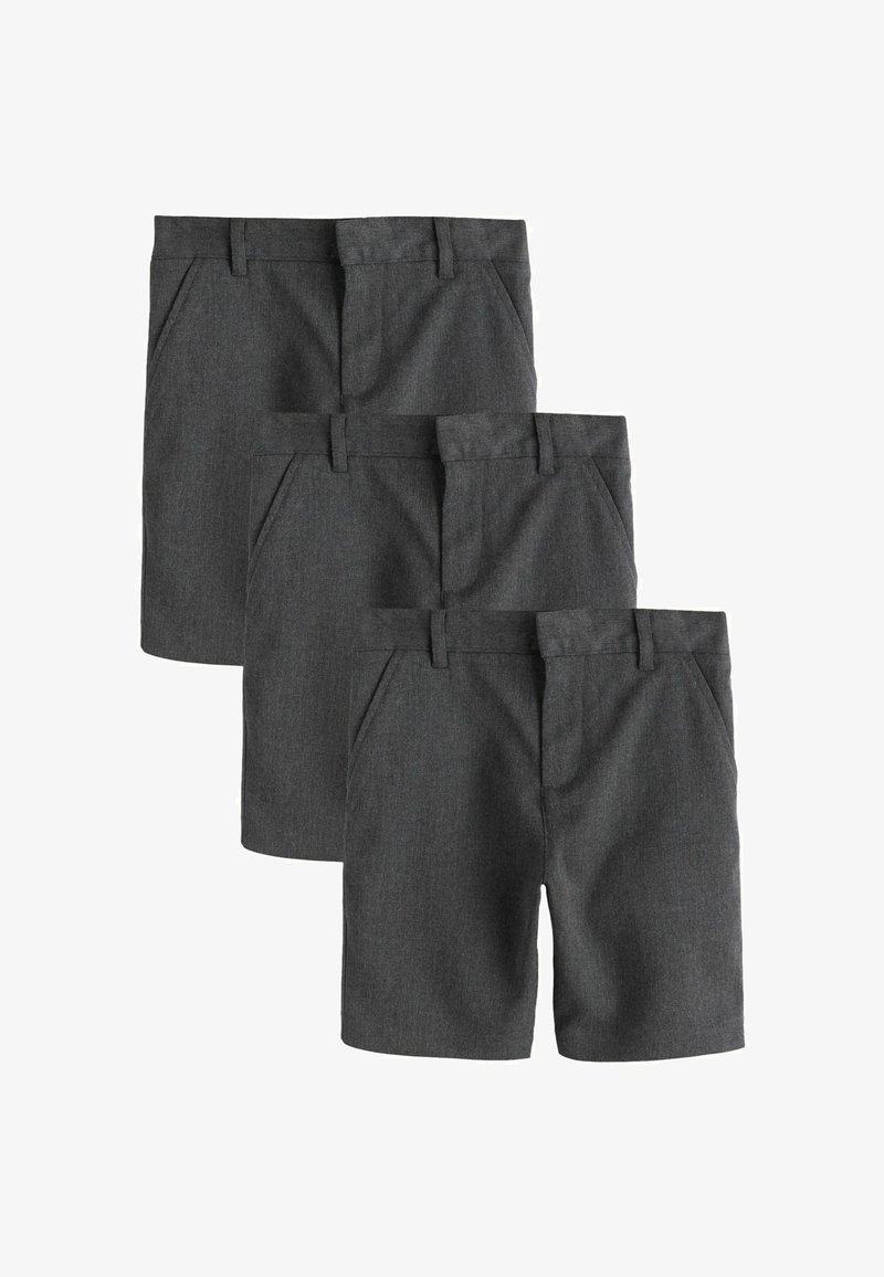 Trois paires de shorts formels gris foncé avec passants pour ceinture et poches latérales, disposées en chevauchement sur un fond blanc.