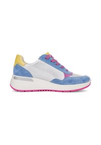 Purple, blue, white, and yellow sneaker with suede and leather materials. Features thick white sole with pink accents and prominent laces.