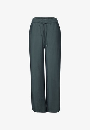 Lehké, tmavě zelené široké kalhoty s páskem na stažení, vyrobené z hladké tkaniny, s texturovaným povrchem a bočními kapsami.