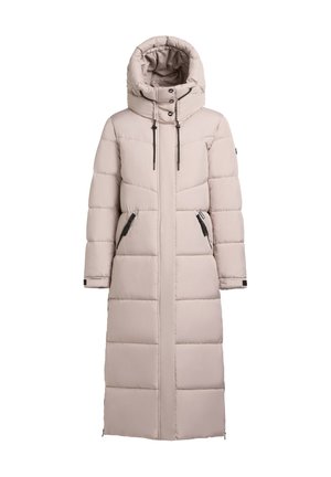 Pitkä, vaalean beige pussitakki, jossa on korkea kaulus, kiristettävä huppu, vetoketjulliset taskut ja toppaukseen tarkoitettu tikattu kuvio.