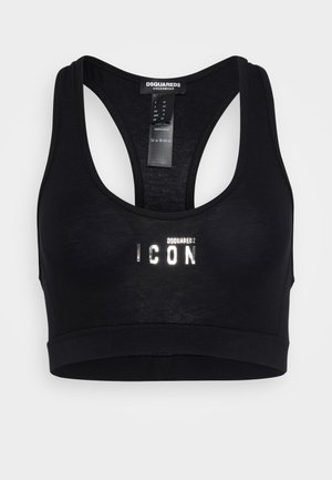 Svart sports-bh med racerback-design. Har en skinnenede "ICON" logo i hvitt, laget av mjuk, elastisk stoff.