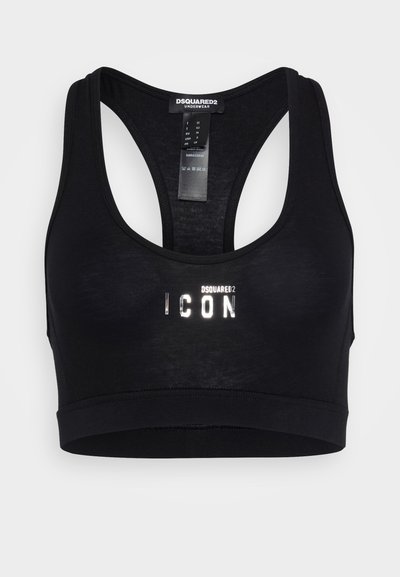 Μαύρος σπορ στηθόδεσμος με σχέδιο racerback. Διαθέτει λαμπερό λογότυπο "ICON" σε λευκό, κατασκευασμένο από απαλό, ελαστικό ύφασμα.