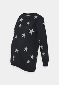 Navyblauer Schwangerschaftspullover mit silbernem Sternmuster, hergestellt aus weichem Stoff. Verfügt über lange Ärmel und einen abgerundeten Ausschnitt.