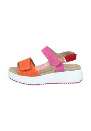 Open-toe sandal with orange, pink, and red suede straps and a white thick rubber sole with pink tread.