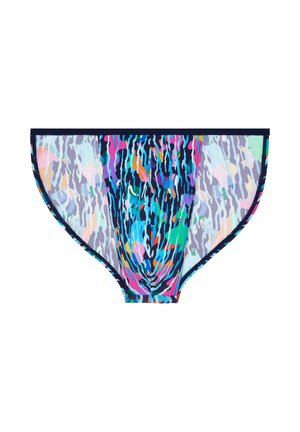 Kurze, farbenfrohe transparente Herren-Slips mit einem lebendigen abstrakten Muster in Blau-, Pink-, Grün- und Orangetönen auf weißem Hintergrund.