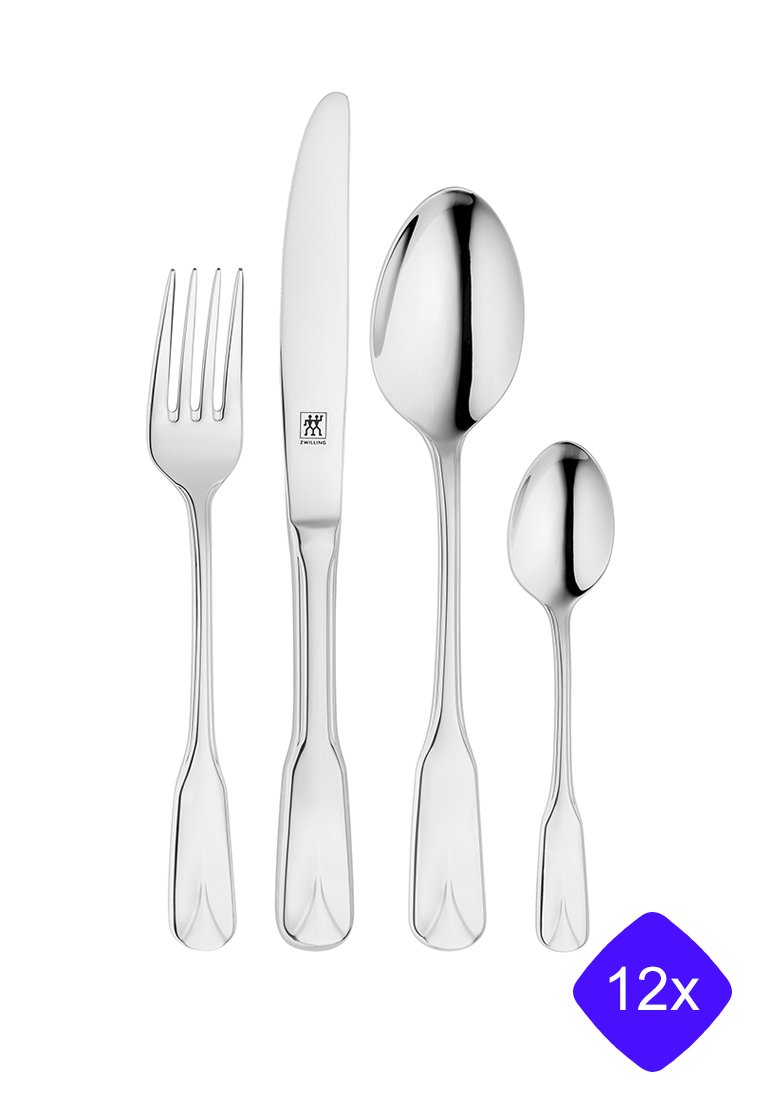 Bestickset i rostfritt stål som inkluderar en gaffel, kniv, stor sked och liten sked. Släta, blanka ytor med ergonomiska handtag. Set om 12.