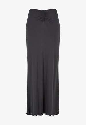 Ilga, tamsiai pilka sijonas, pagamintas iš minkštos, elastingos medžiagos. Sijonas turi susiraukšlėjimo dizainą juosmens srityje, laisvą siluetą ir glotnią tekstūrą.