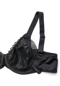 Black bra with a smooth, satin finish and lace trim. Features adjustable straps, underwire support, and a mesh panel on one side.