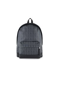 Zaino in tessuto grigio con motivo a logo ripetuto, forma arrotondata, tasca frontale con zip e un accentuato fondo testurizzato.
