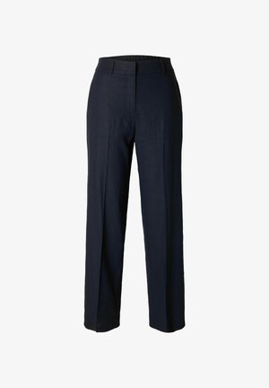 Pantalons larges bleu marine en tissu lisse, avec un design devant plat et une taille. Pas de poches visibles ni de matériels distinctifs.