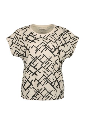 Beige lyhythihainen T-paita pyöreällä kaula-aukolla, jossa on abstrakki musta viiva- ja pistemäinen kuvio koko pinnalla.