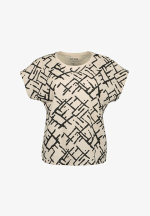 Beige T-shirt med korte ærmer og rund hals, prydet med et abstrakt mønster af sorte linjer og prikker over hele.