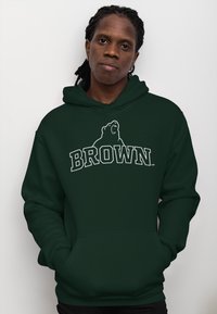 Felpa verde con un grafico di un orso e la parola "BROWN" in lettere bianche. Il materiale sembra morbido e presenta una tasca frontale.
