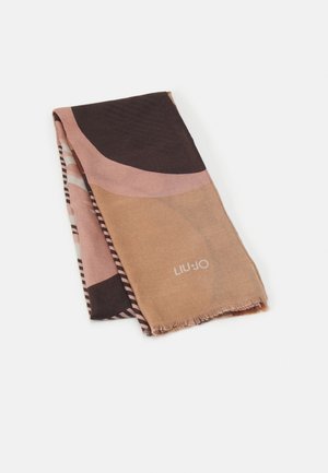 Gefalteter Schal mit abstrakten Farbblöcken in Braun, Pink und Beige, mit dezenten Fransen an den Rändern und "LIU·JO" Branding.