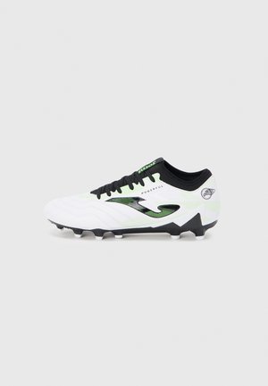 White football boots with black accents, featuring a textured upper, green highlights, and a patterned design. Black laces and a durable sole.