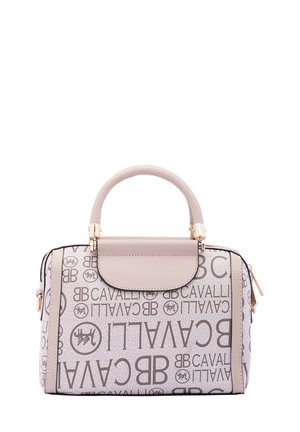 Sac à main beige au design structuré, ornée de motifs de logo marron, avec des accents en métal doré et une seule poignée supérieure.