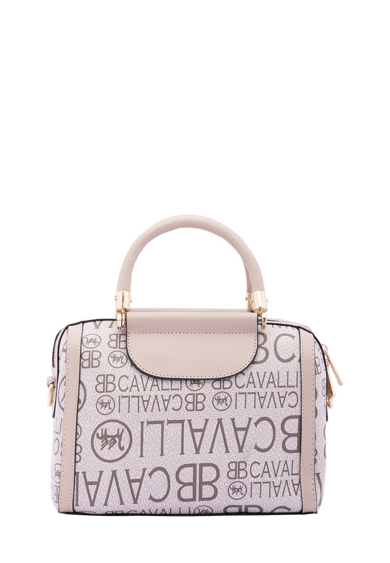 Beige handtas met een gestructureerd ontwerp, met logo-patronen in bruin, gouden hardware-accenten en een enkele hengsel aan de bovenkant.