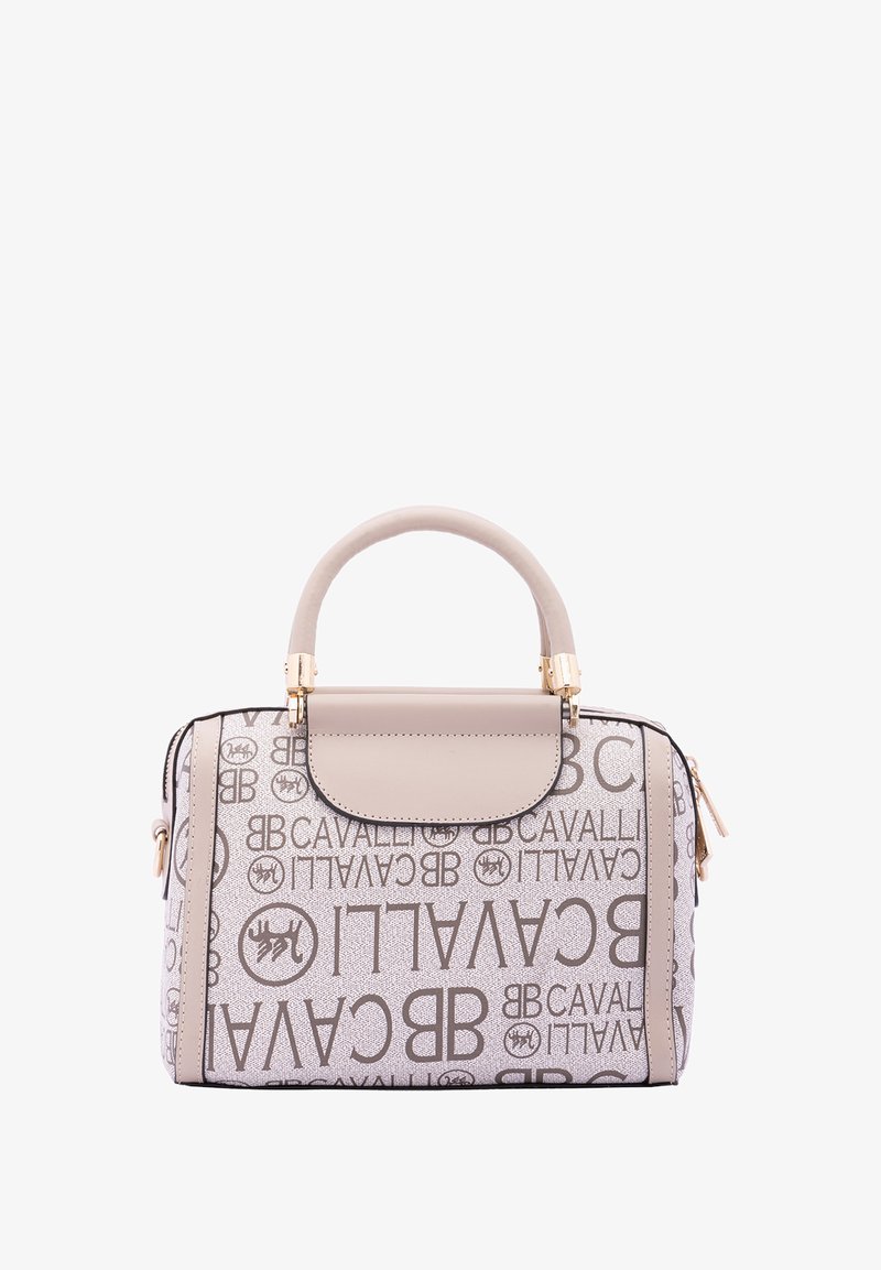 Borsa beige con un design strutturato, caratterizzata da modelli del logo in marrone, accenti in oro e un manico superiore singolo.