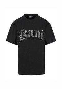 Black cotton t-shirt featuring a large, stylized white floral pattern logo "Kani" across the chest and a classic crew neck design.