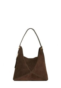 Brown suede handbag with a triangular design, smooth texture, and a single shoulder strap. Features gold hardware and stitched accents.