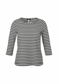 Zwart-wit gestreepte lange mouwen shirt met een ronde halslijn, gemaakt van zachte stof, met horizontale strepen van verschillende breedtes.