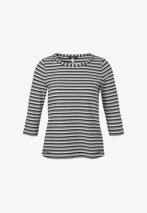 Zwart-wit gestreepte lange mouwen shirt met een ronde halslijn, gemaakt van zachte stof, met horizontale strepen van verschillende breedtes.
