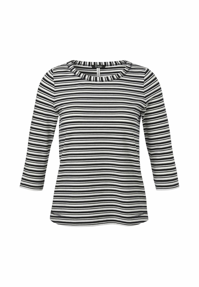 Zwart-wit gestreepte lange mouwen shirt met een ronde halslijn, gemaakt van zachte stof, met horizontale strepen van verschillende breedtes.