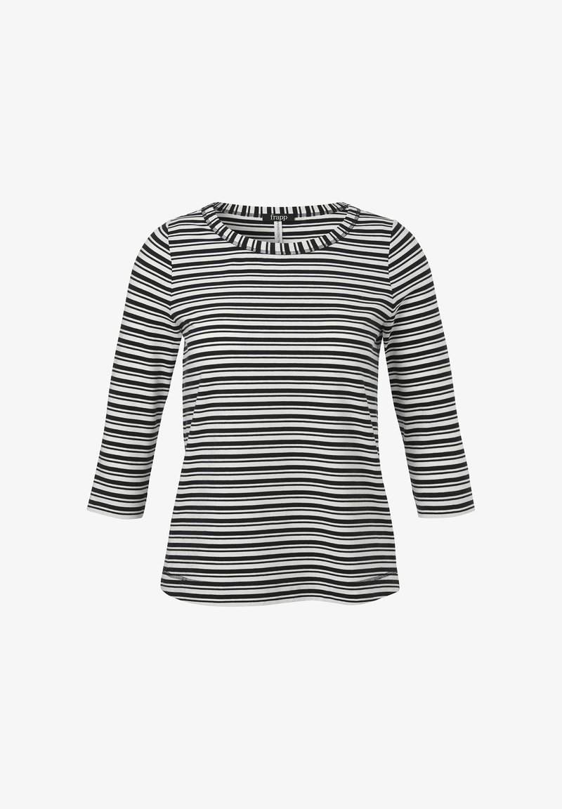 Black and white striped long-sleeve shirt with a round neckline, made of soft fabric, featuring horizontal stripes of varying widths.