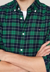 Groene en marineblauwe geruite button-down overhemd met witte accenten, met een kraag en knoopsluitingen. Zacht materiaal, regular fit.