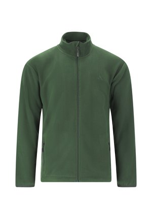 Grüne Fleecejacke mit durchgehendem Frontreißverschluss, Stehkragen und Reißverschlusstaschen an den Seiten, auf weißem Hintergrund präsentiert.