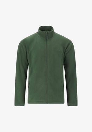 Green fleece jacket with full front zipper, stand collar, and zippered side pockets, displayed on white background.