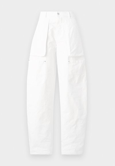 White cargo pants featuring a loose fit, multiple pockets on the sides, and a textured fabric with a high waist and button closure.