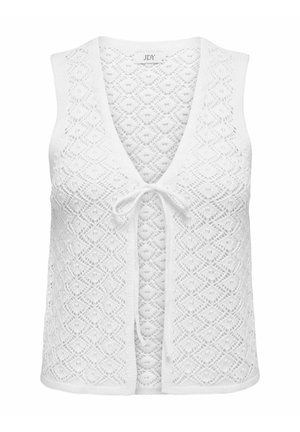 Balta be rankovių mezginio liemenė su deimanto raštu, V formos iškirpte ir užrišimu priekyje. Audinys su tekstūra, lengvas.