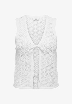 Valge ilma varrukateta kootud vest, millel on teemantmuster, V-kujuline kaelus ja ees sidumisega sulgemine. Karm, kerge kangas.